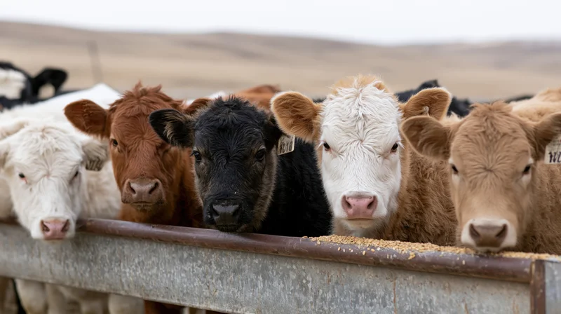Young calves of mixed colors feeding at a metal trough on a farm