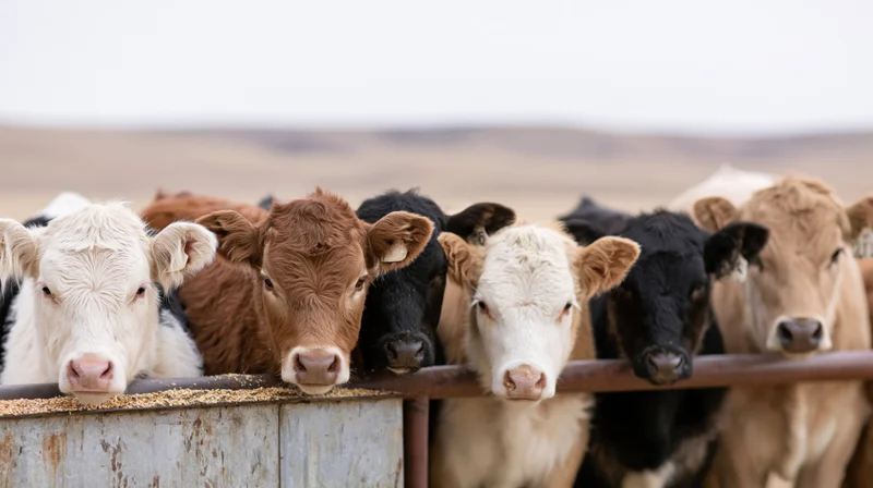 Young calves of mixed colors peeking over a metal feeding trough on a ranch