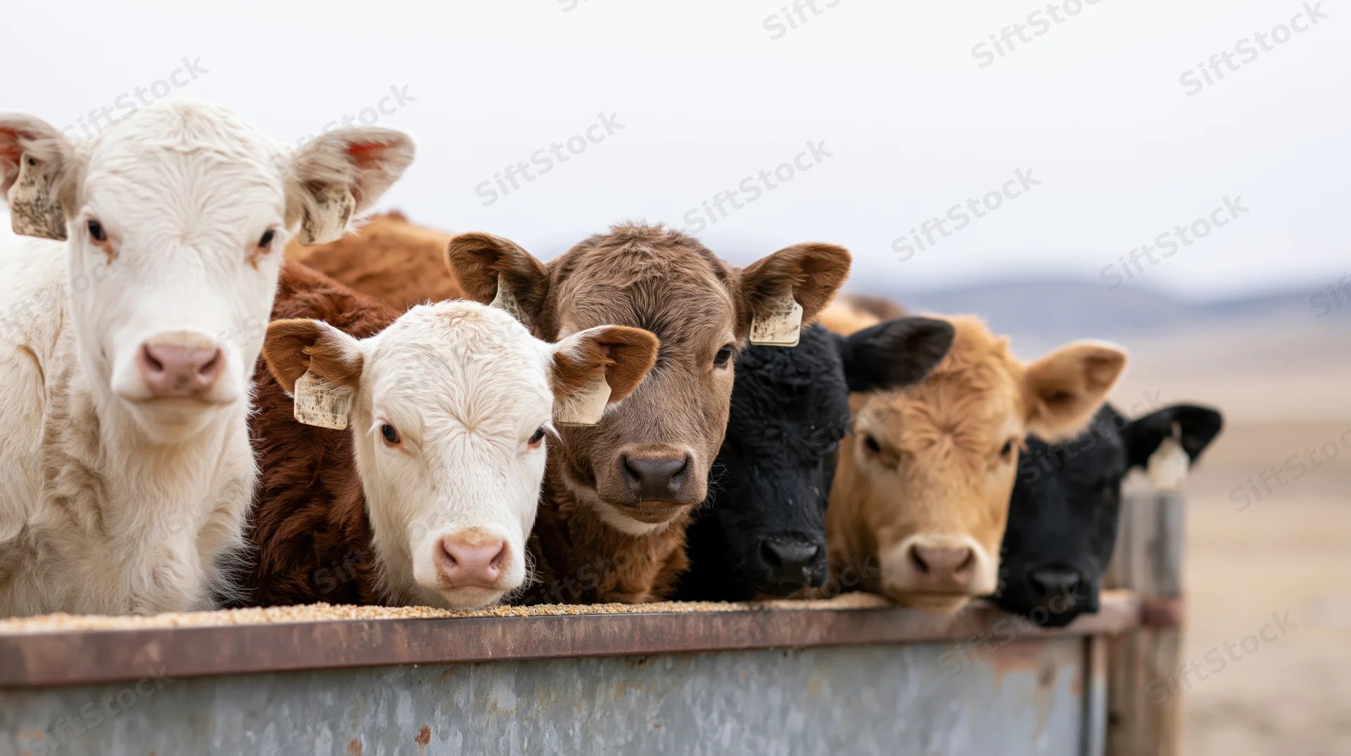 Young calves of mixed colors gathered at a metal feeding trough on a ranch