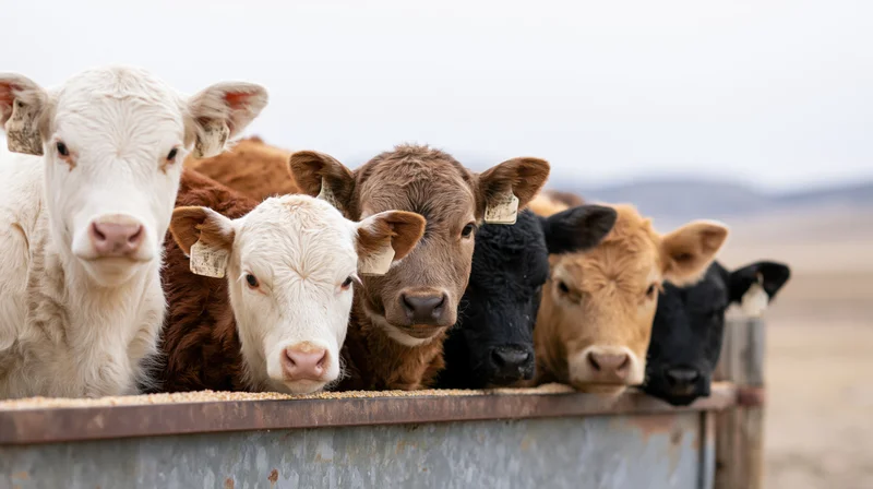 Young calves of mixed colors gathered at a metal feeding trough on a ranch