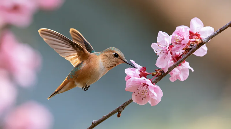Rufous hummingbird hovering near pink cherry blossoms on a branch