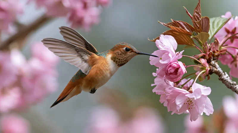 Rufous hummingbird hovering near pink cherry blossoms in spring garden