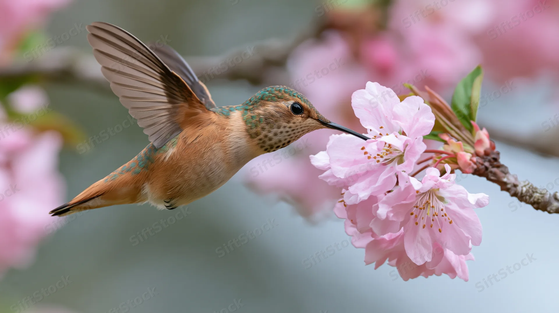 Rufous hummingbird hovering to feed on pink cherry blossoms in spring garden