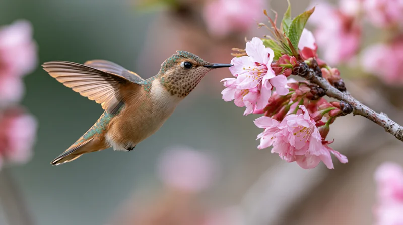 Rufous hummingbird hovering to feed on pink cherry blossoms in spring garden
