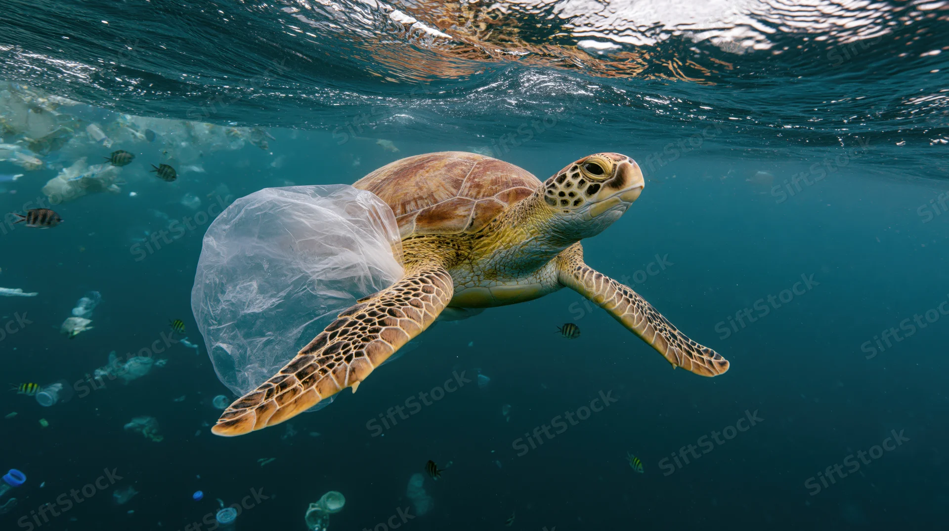 Sea turtle swimming underwater with plastic bag entangled in its flipper amidst ocean pollution