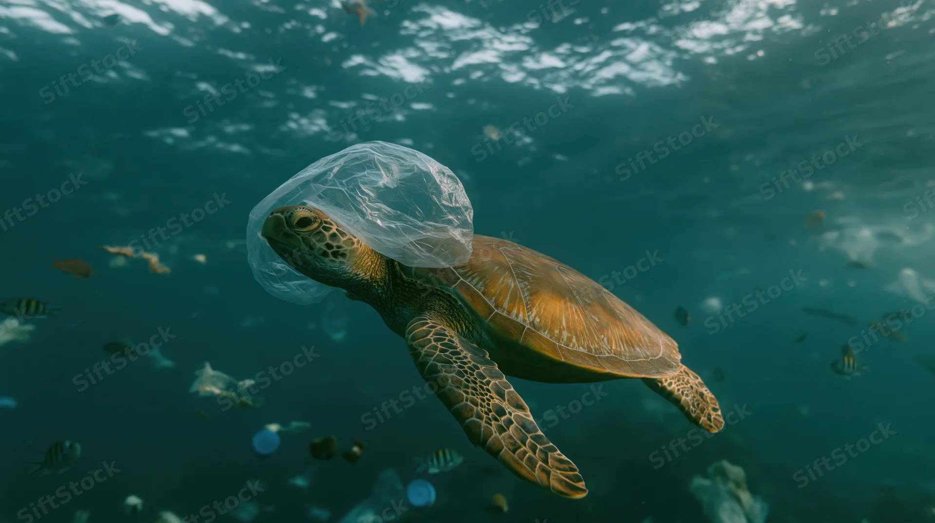 Sea turtle swimming underwater with plastic bag around its head in polluted ocean water