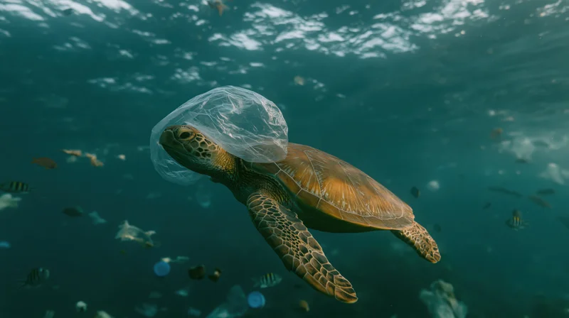 Sea turtle swimming underwater with plastic bag around its head in polluted ocean water