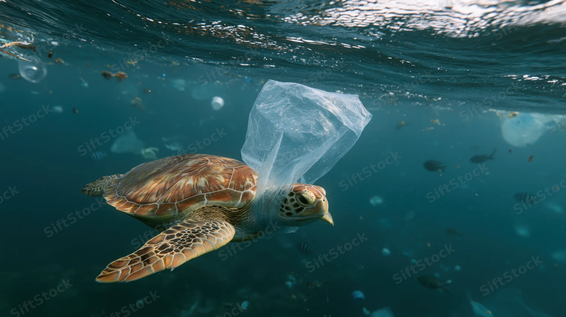 Sea turtle swimming underwater with plastic bag entangled around its neck in polluted ocean water