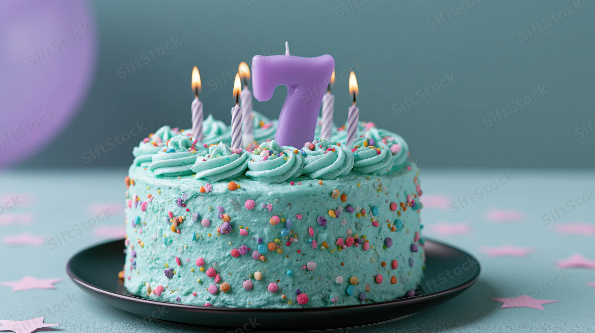 Turquoise-frosted birthday cake with lit candles and number seven candle on black plate surrounded by star confetti