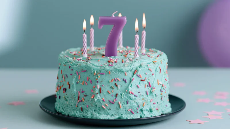 Turquoise frosted birthday cake with number seven candle and lit candles on a plate surrounded by star confetti