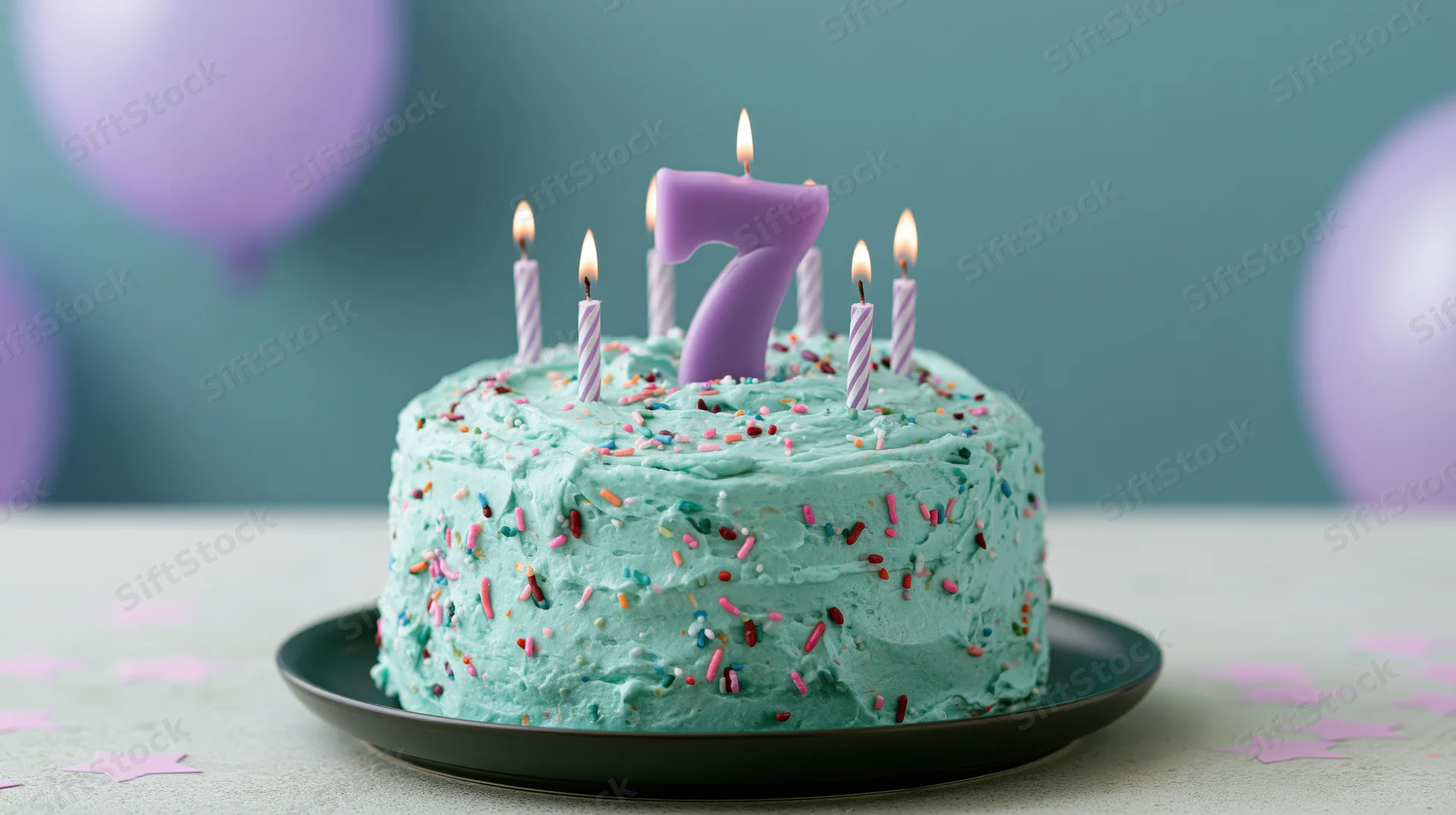 Turquoise frosted birthday cake with number seven candle and sprinkles on a plate, surrounded by balloons and confetti