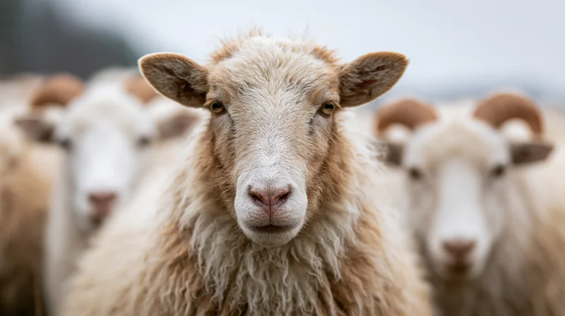 Close-up portrait of a sheep facing the camera with a flock in the background