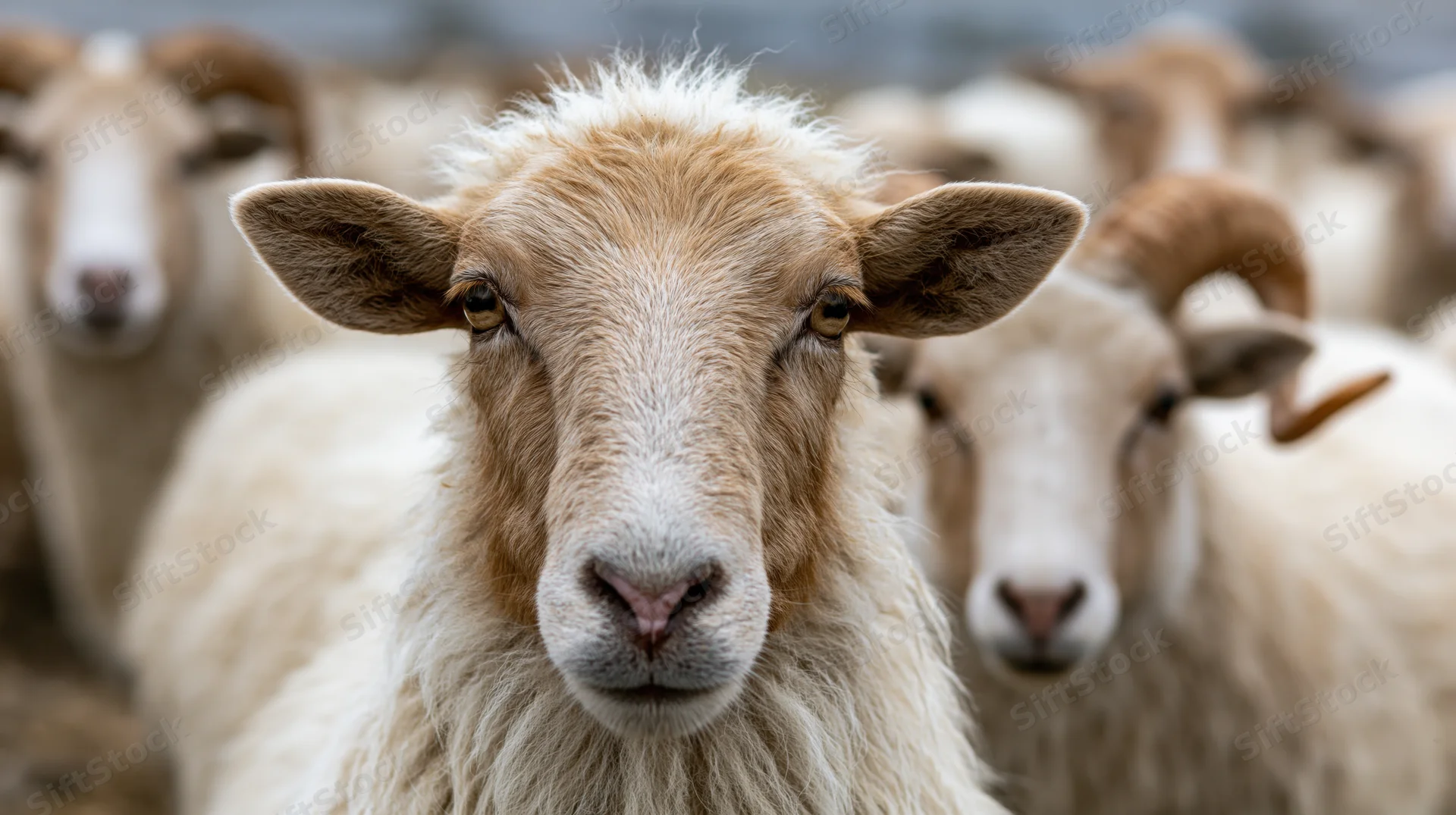 Closeup portrait of a sheep staring directly at the camera with a flock in the background