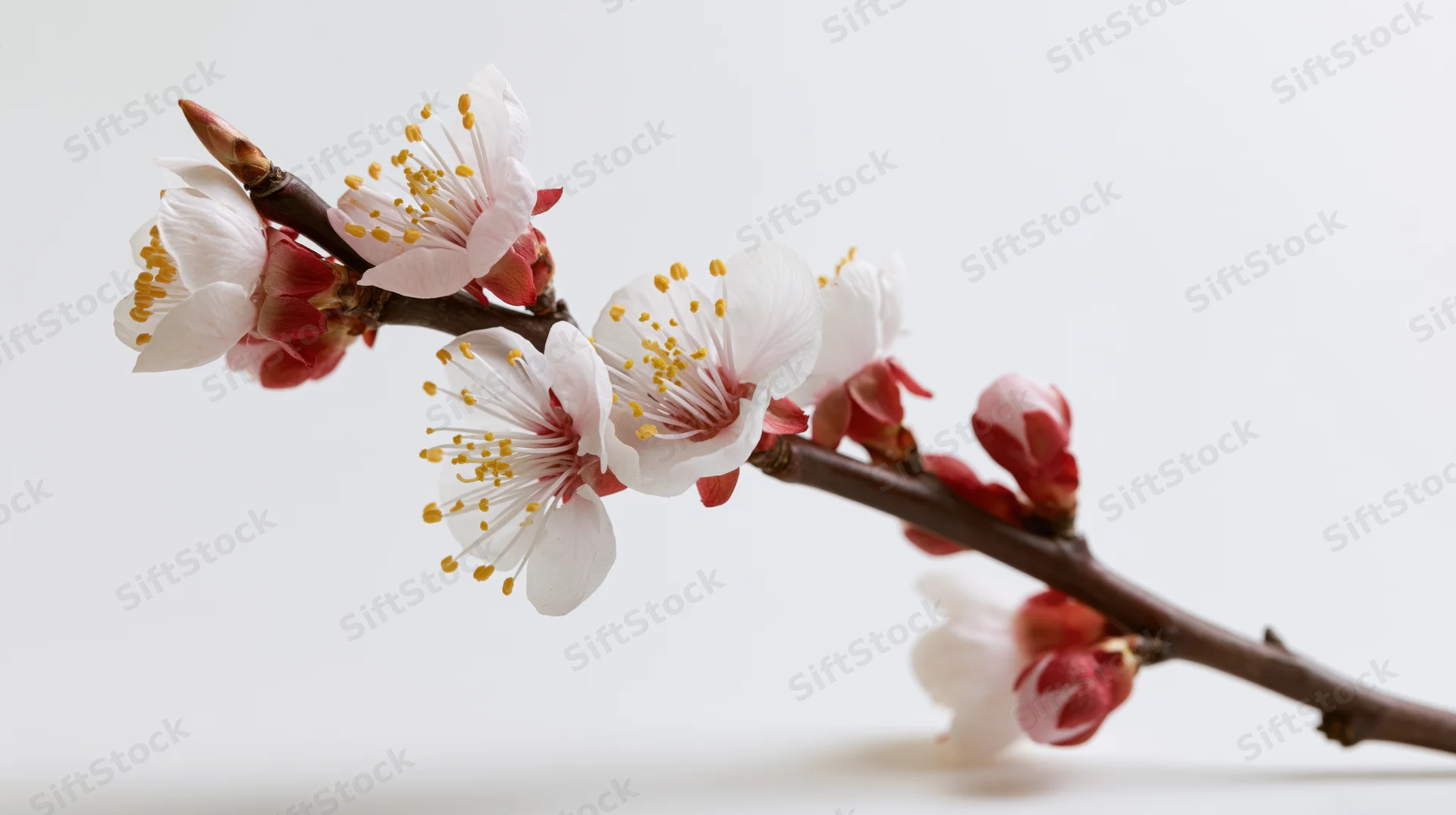 Apricot blossom branch with open flowers and buds on a white background