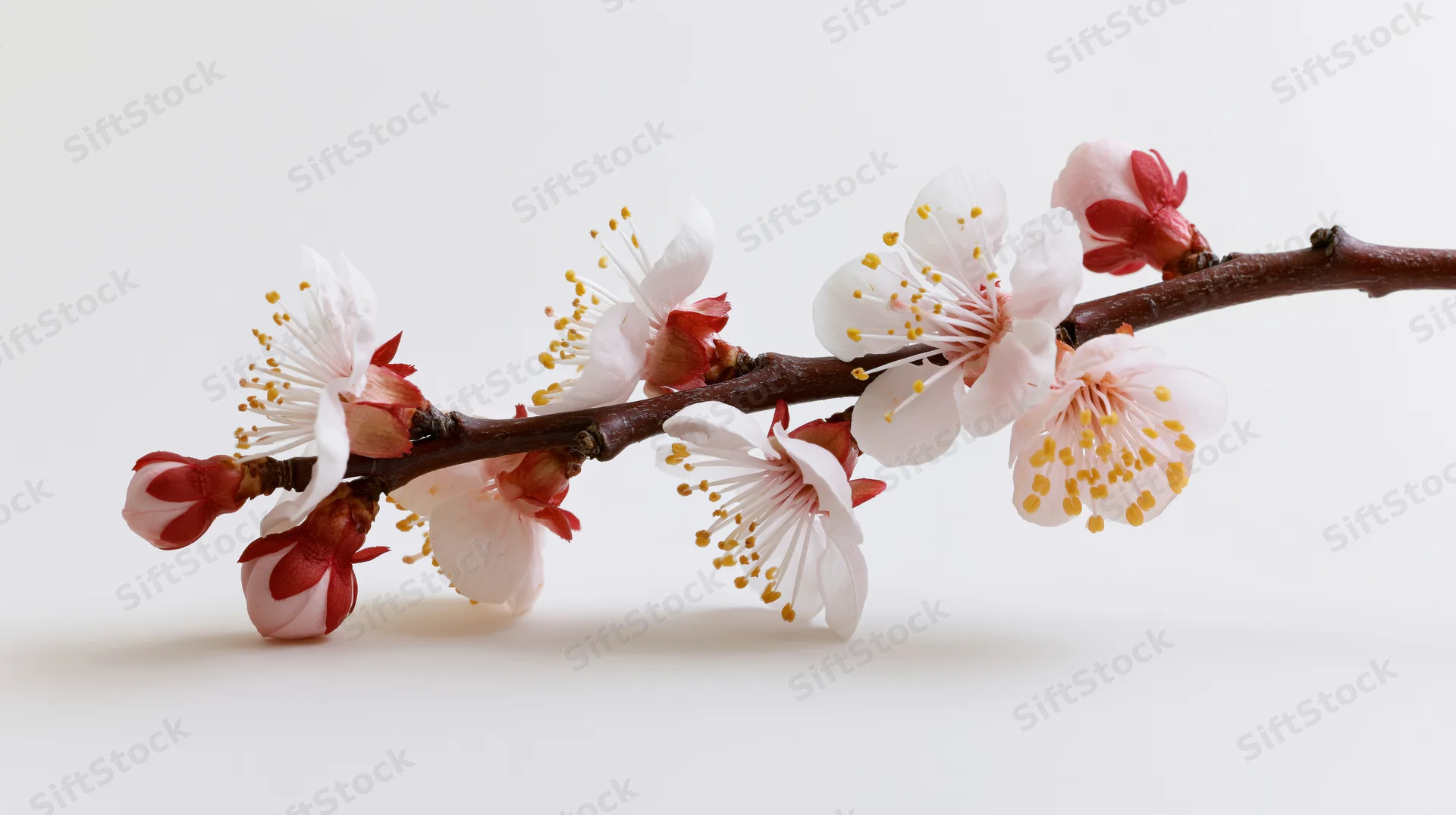 Apricot blossom branch with open white-pink flowers and buds on a plain white background
