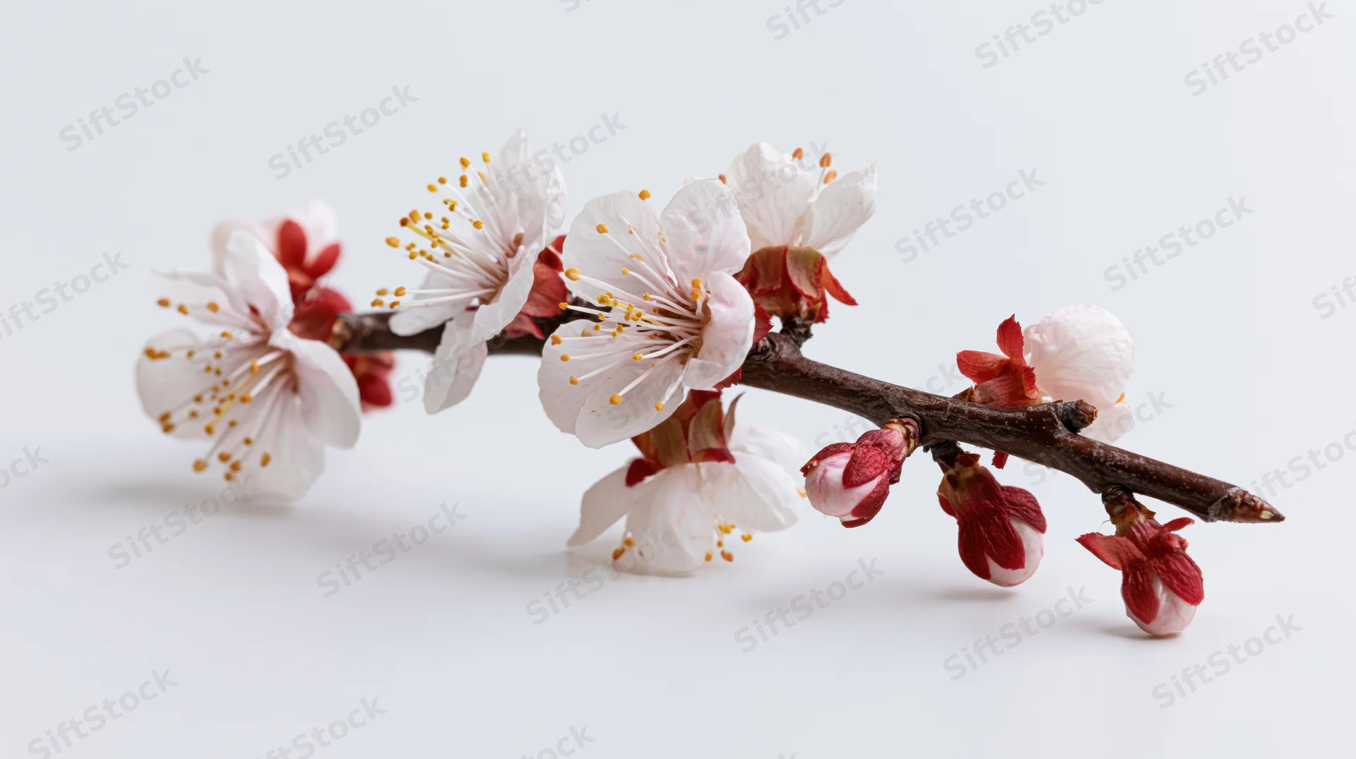 Apricot blossom branch with open white-pink flowers and buds on a plain white background