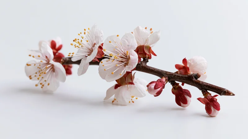 Apricot blossom branch with open white-pink flowers and buds on a plain white background