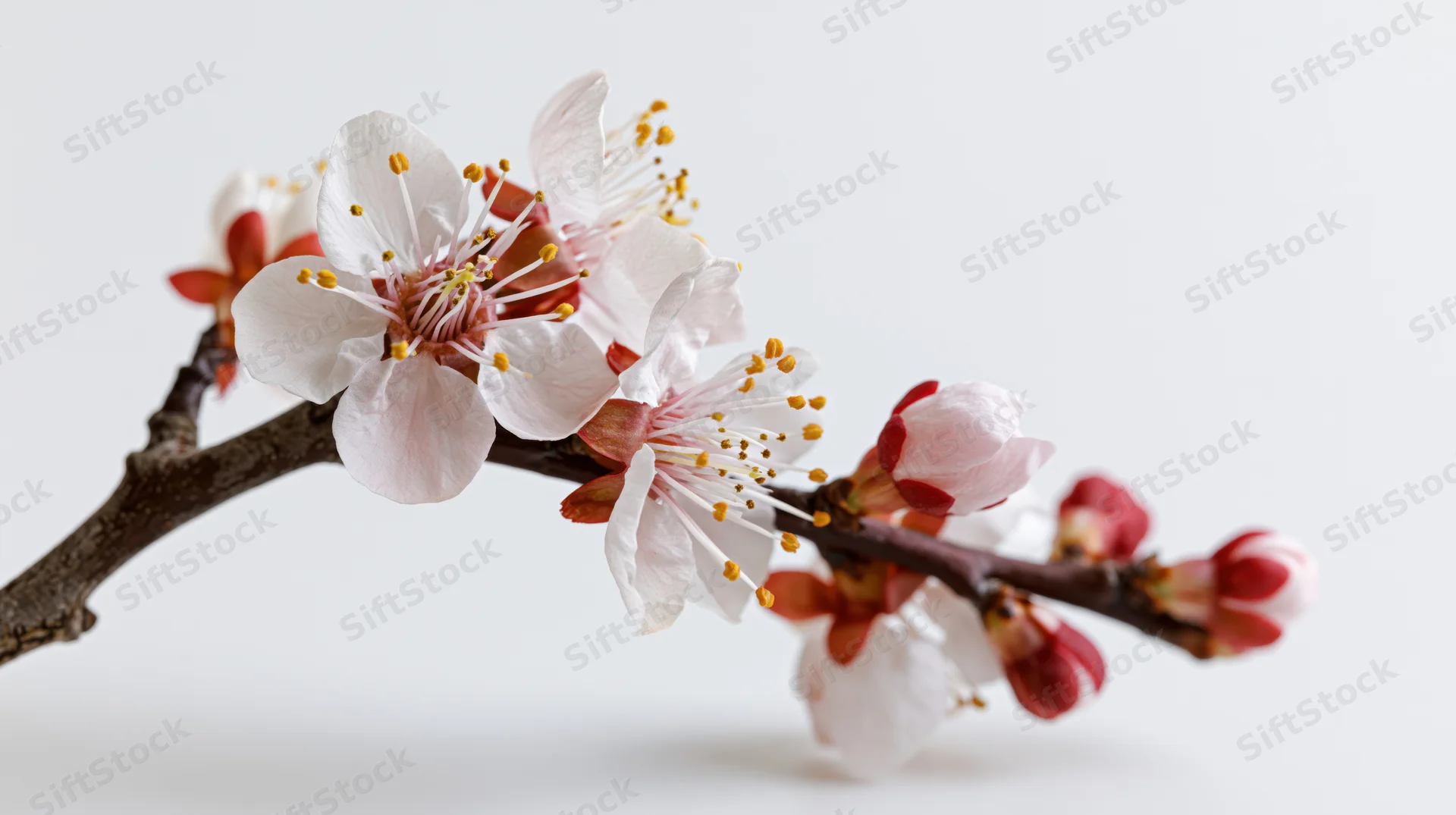 Apricot blossom branch with open white-pink flowers and buds on a plain white background