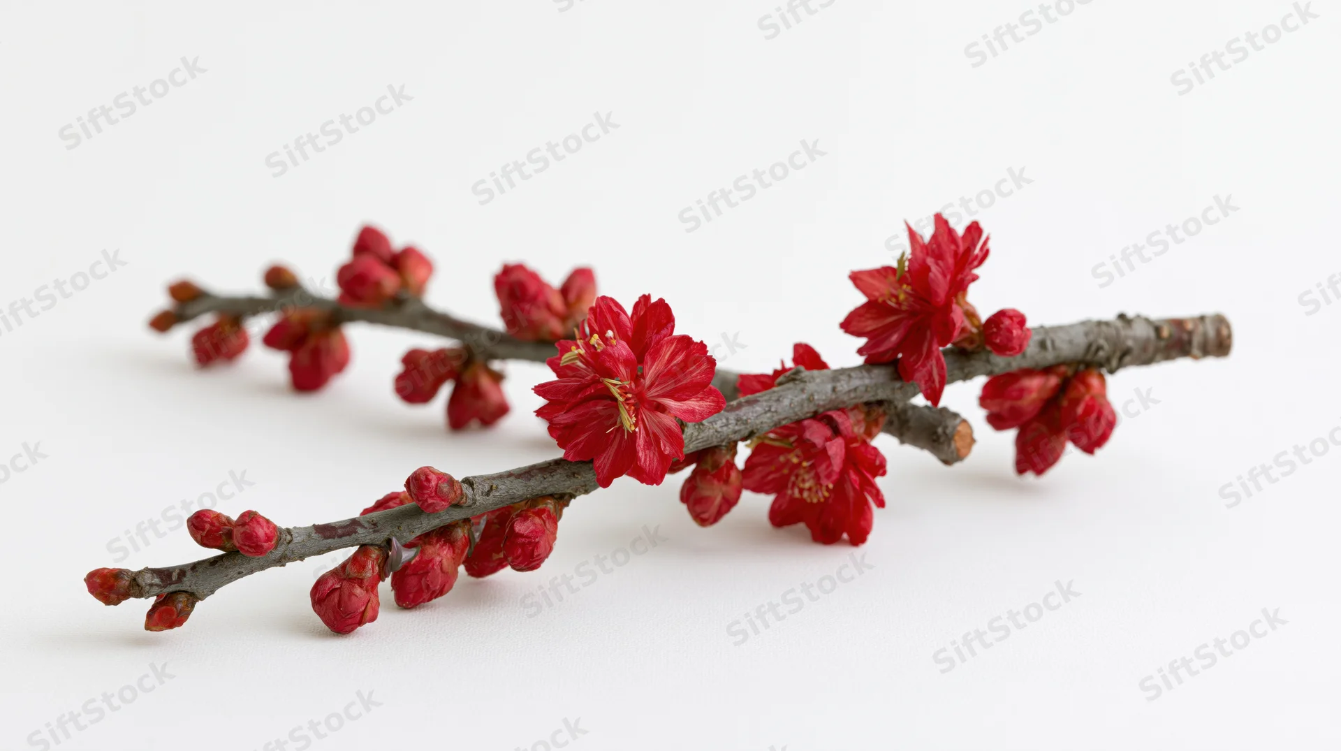 Plum blossom branch with red flowers and buds on white background