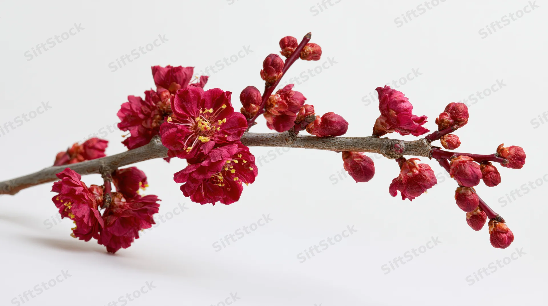 A plum blossom branch with deep red flowers and buds on a white background