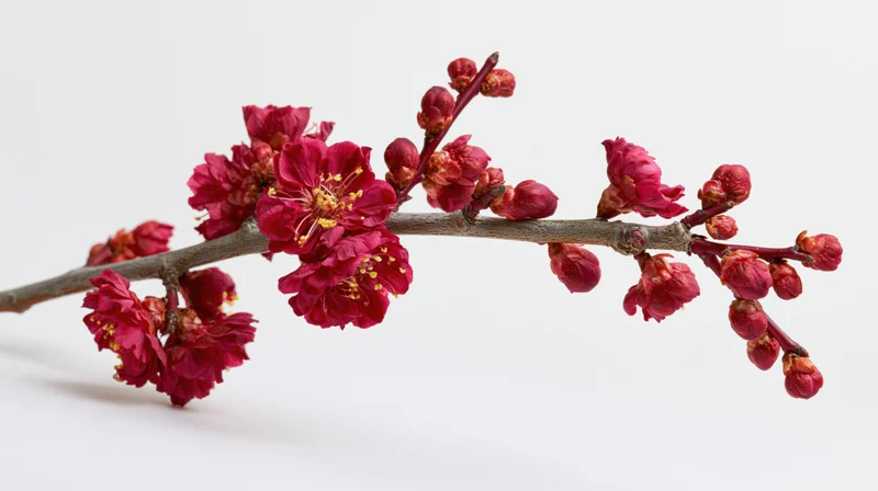A plum blossom branch with deep red flowers and buds on a white background