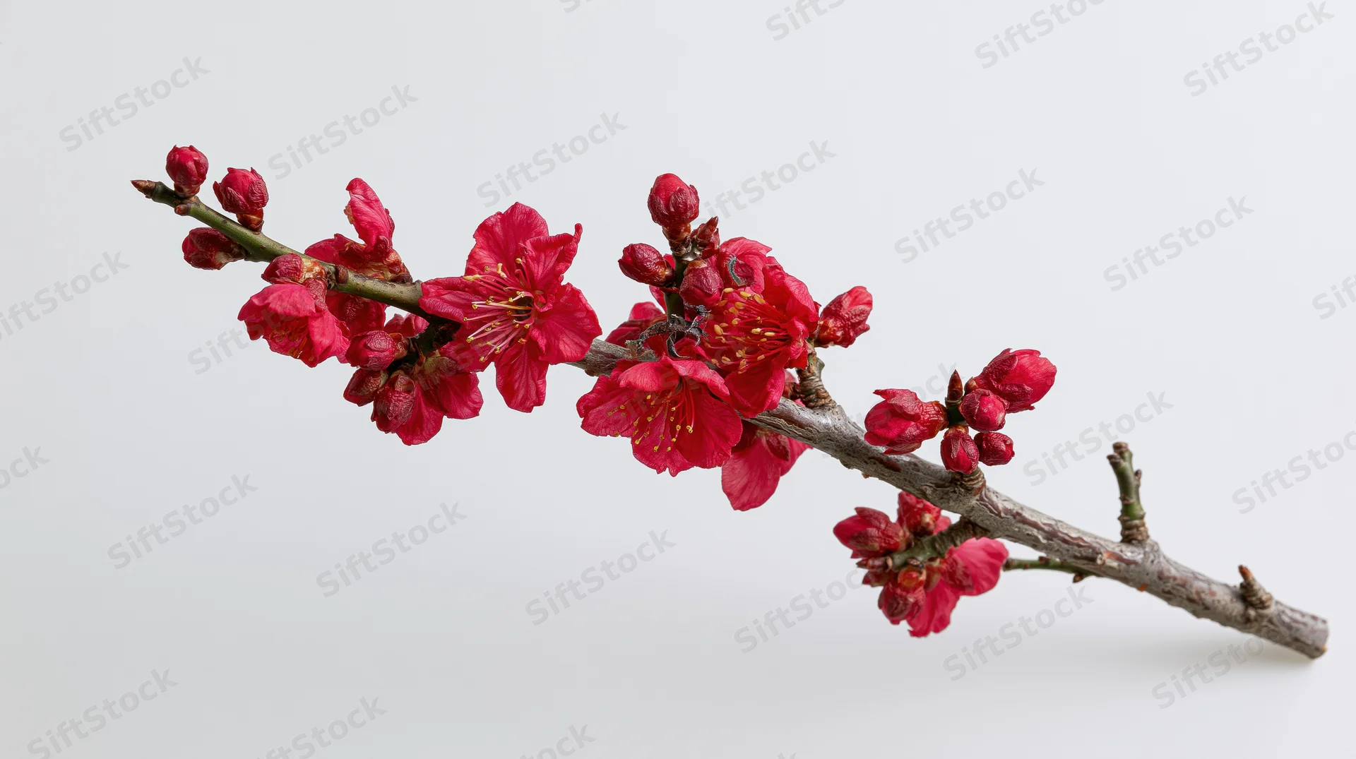 Plum blossom branch with deep red flowers and buds on white background