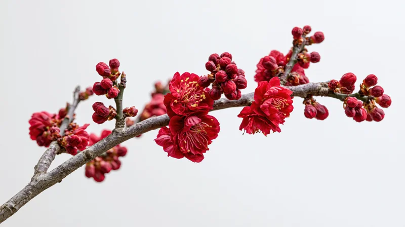 A plum blossom branch with deep red flowers blooming against a plain background