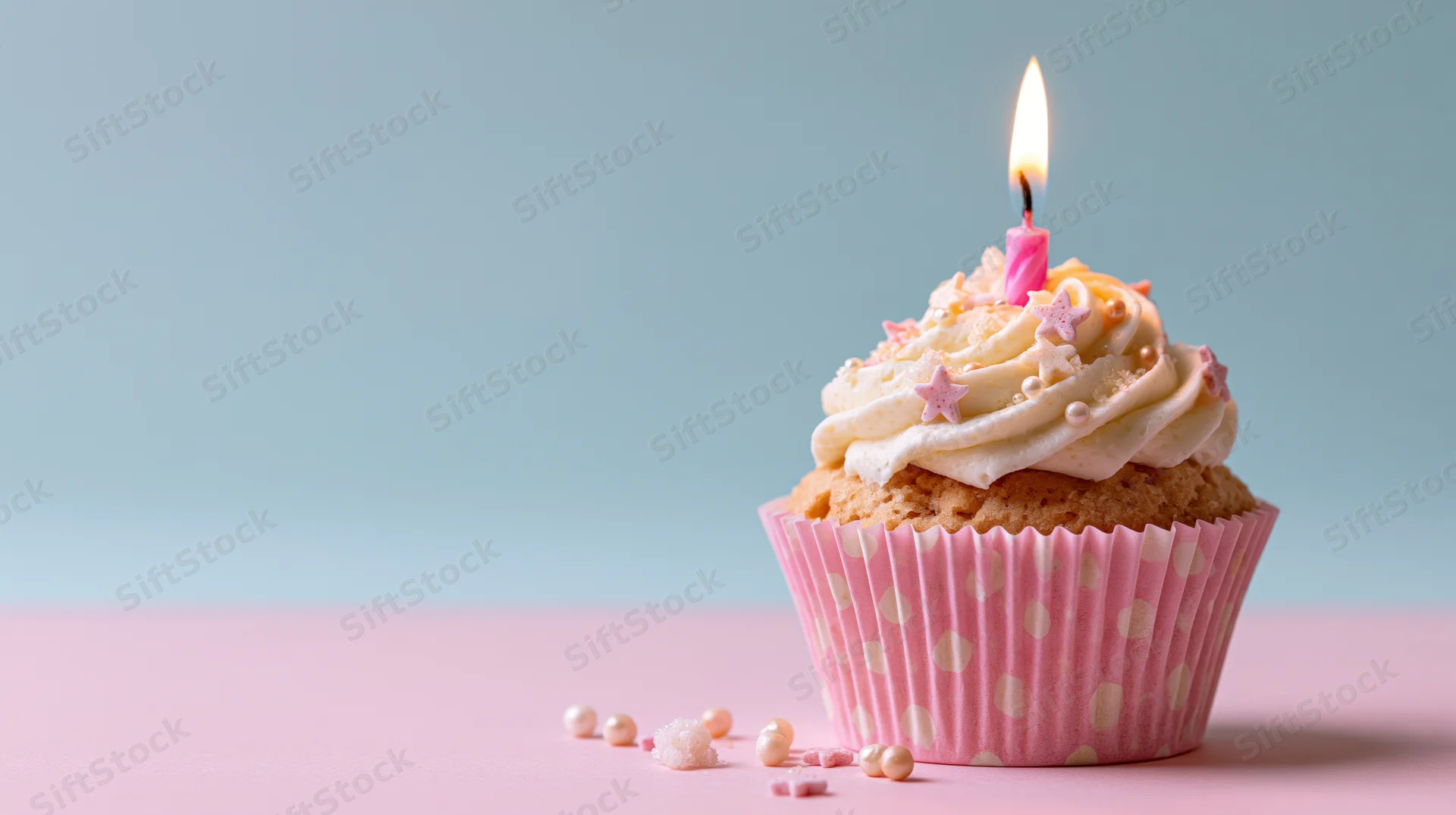 Single birthday cupcake with lit pink candle and frosting on pink surface