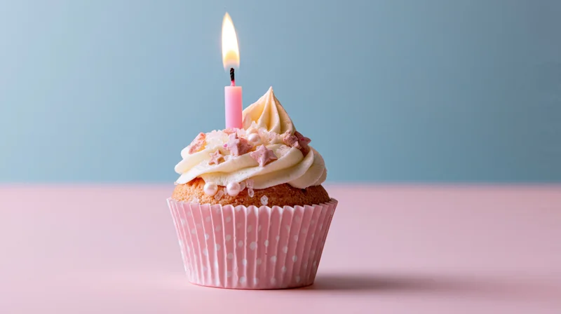 Single birthday cupcake with lit pink candle and frosting on pastel pink surface