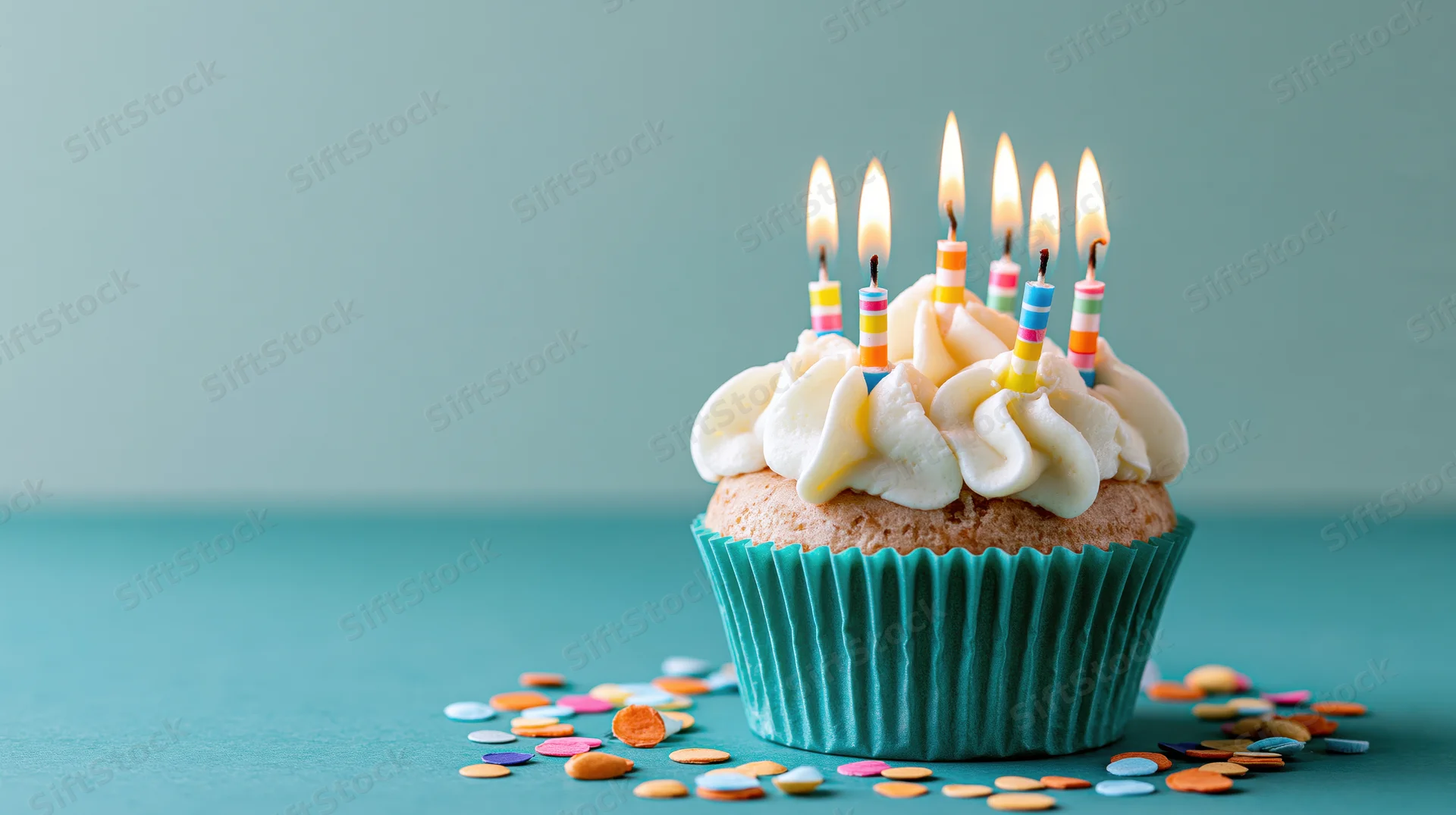 Birthday cupcake with lit candles and white frosting on teal surface surrounded by confetti