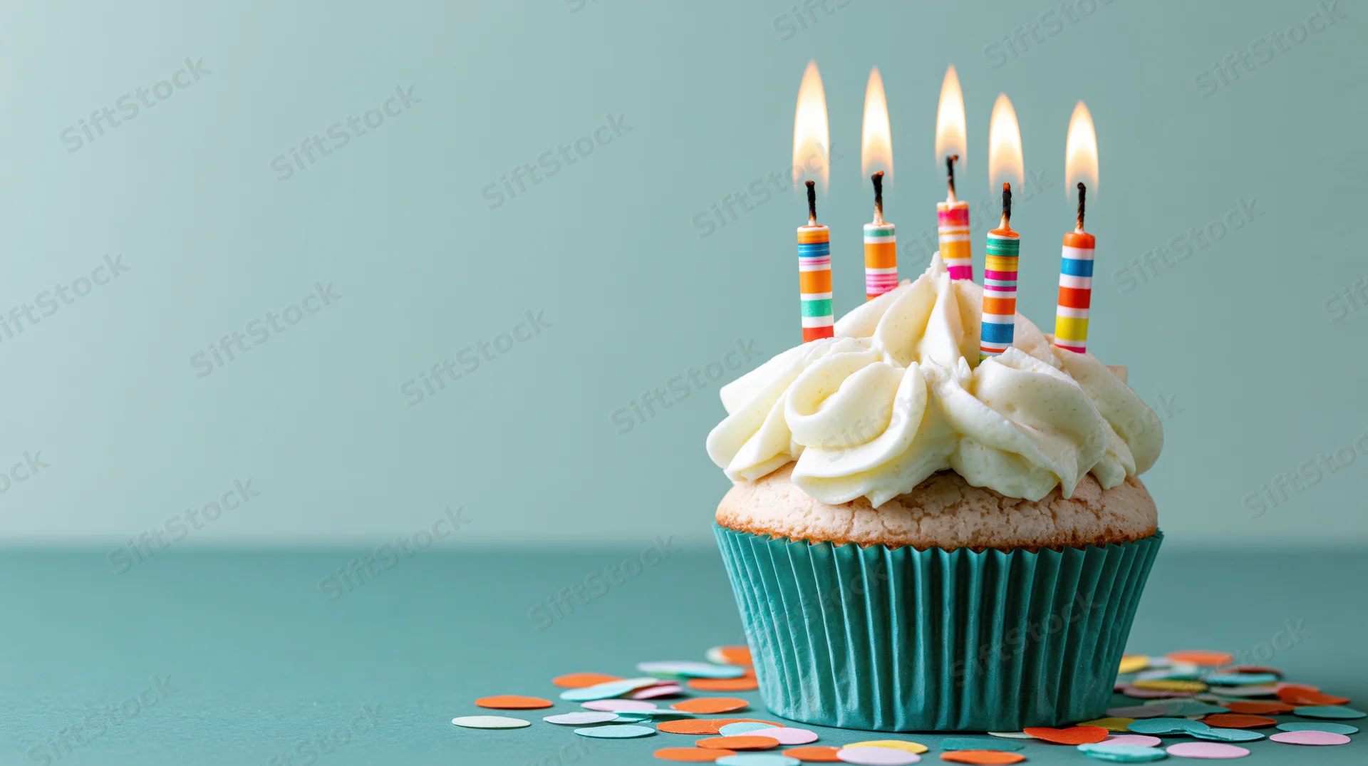 A birthday cupcake with white frosting and lit candles on a teal surface surrounded by confetti