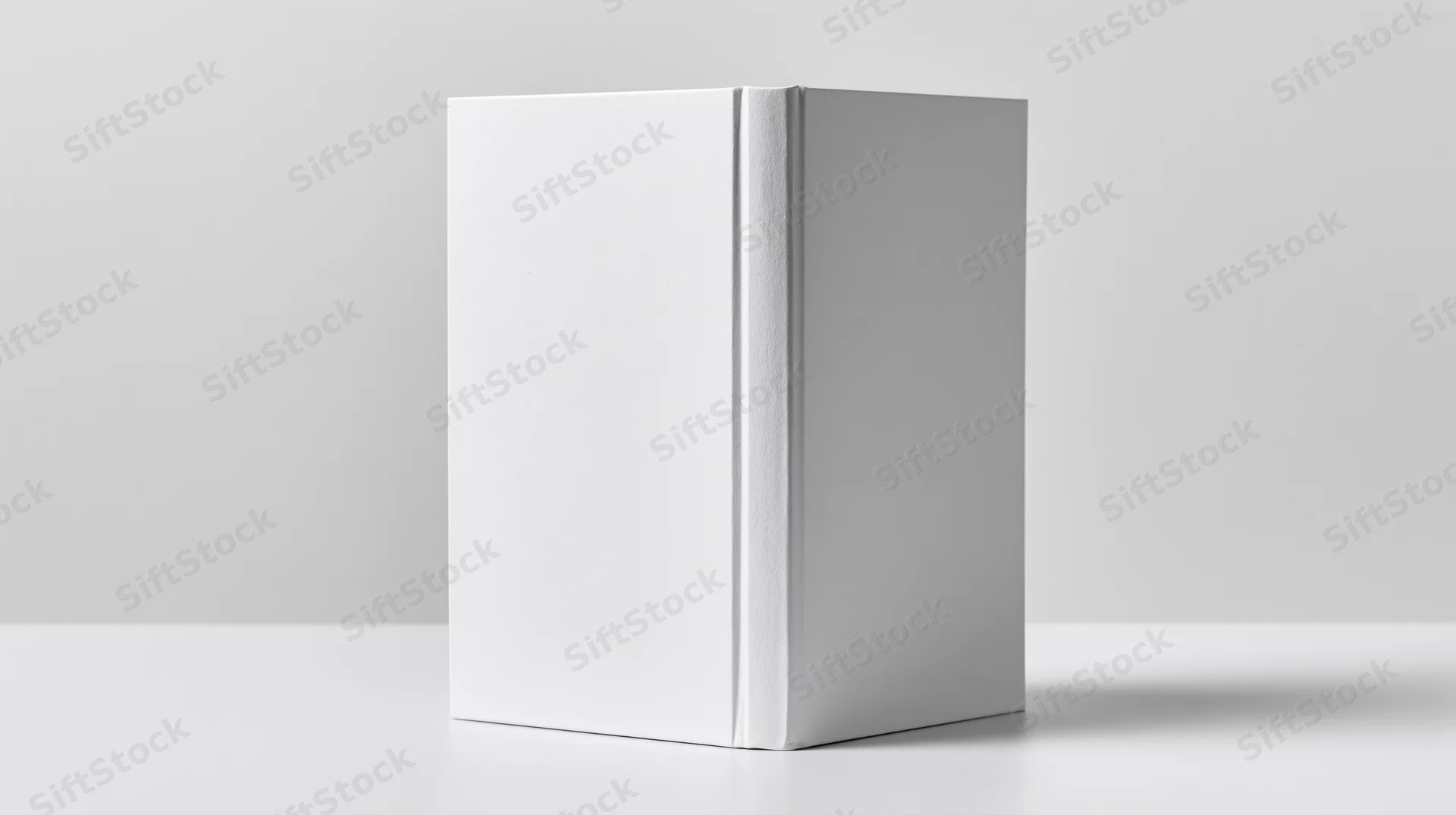 Blank white hardcover book standing upright on a white surface