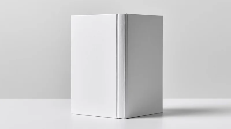 Blank white hardcover book standing upright on a white surface