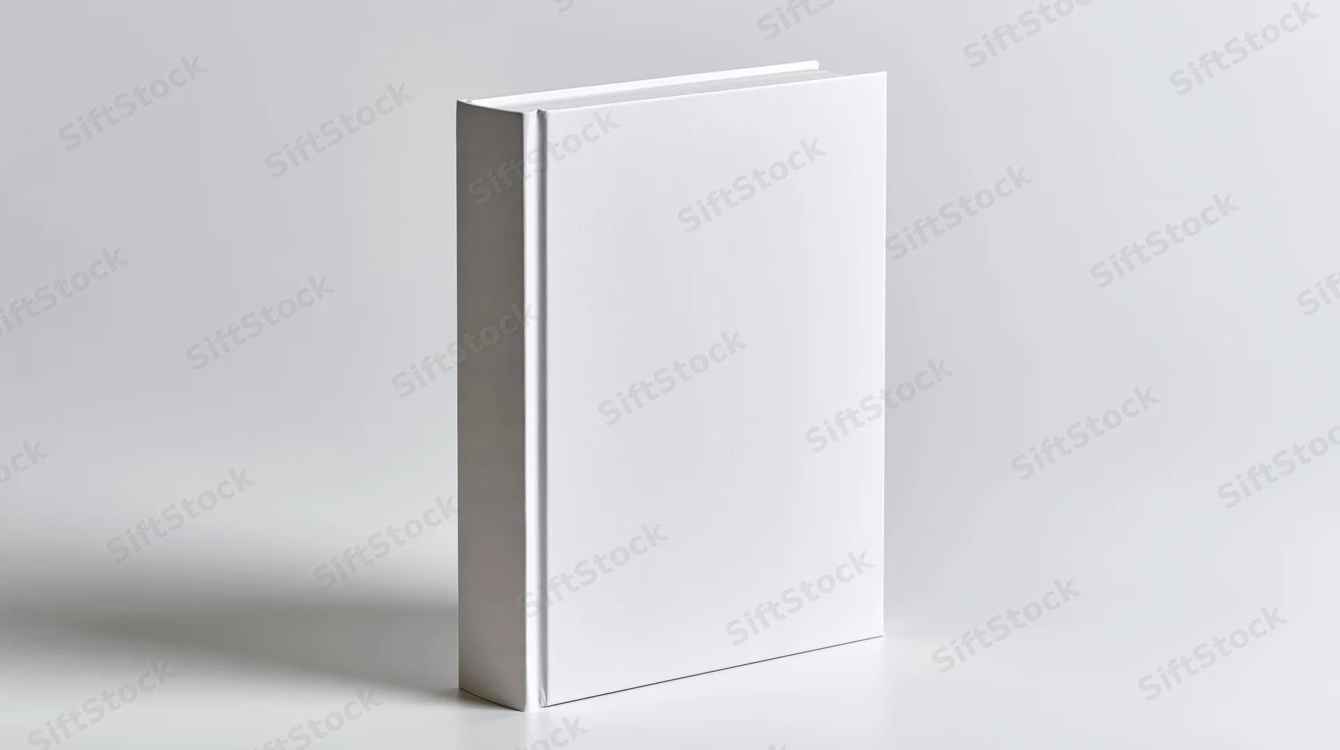 Blank white hardcover book standing upright on a plain white surface