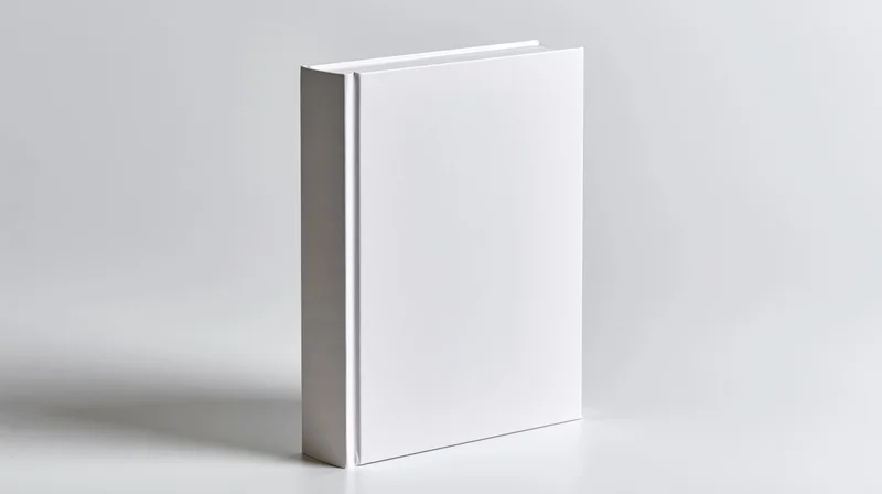 Blank white hardcover book standing upright on a plain white surface