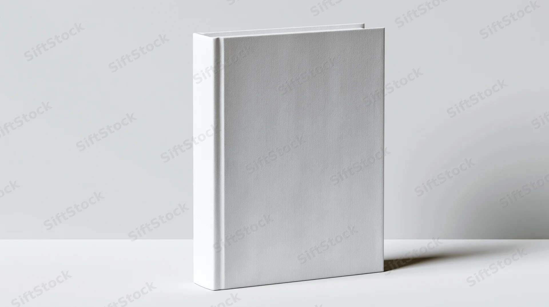 Blank white hardcover book standing upright on a plain white surface with soft shadow and copyspace