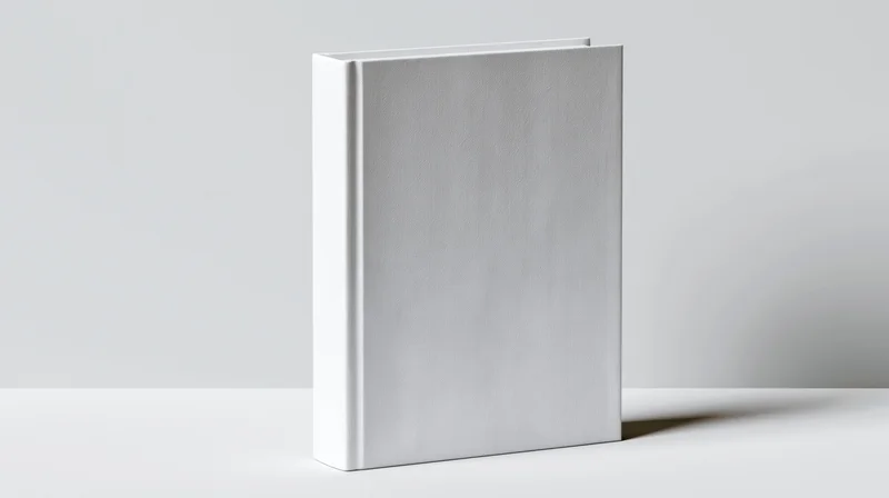 Blank white hardcover book standing upright on a plain white surface with soft shadow and copyspace