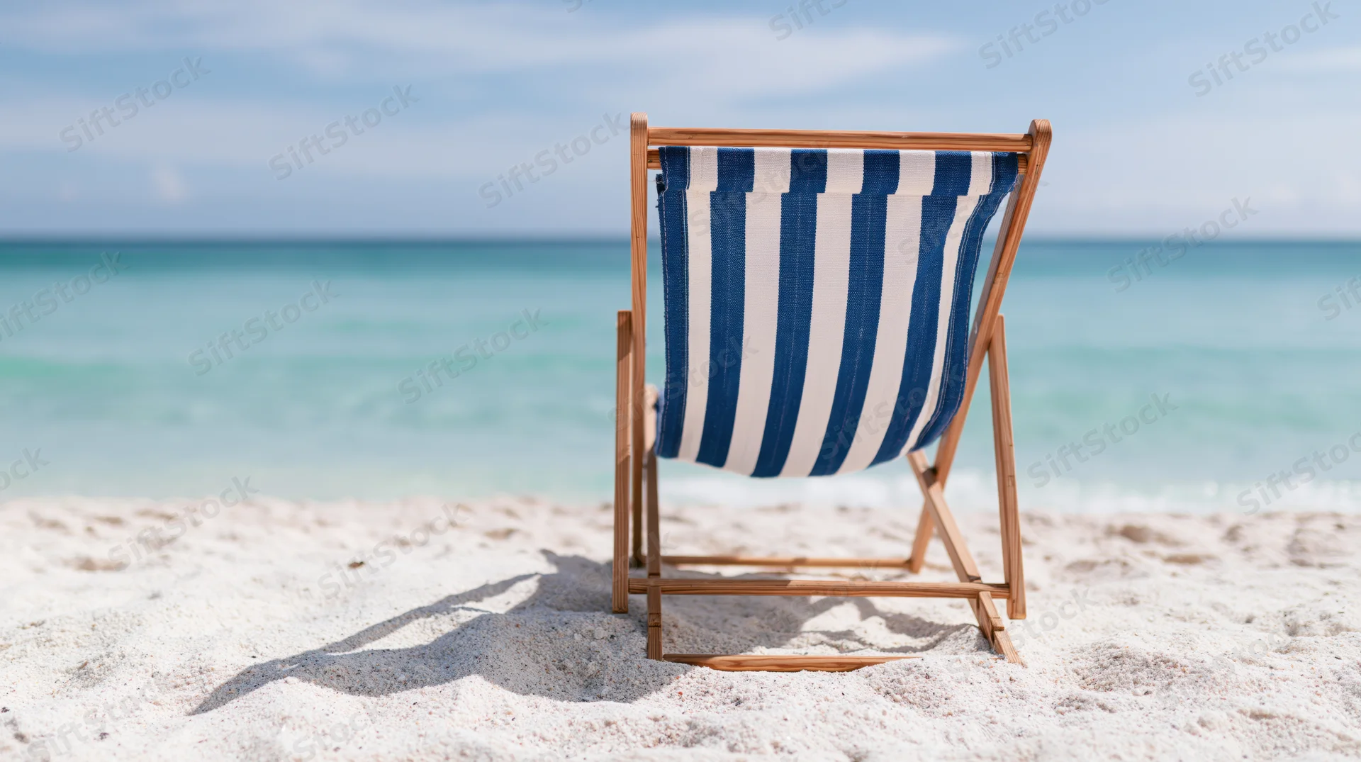 Blue and white striped wooden folding beach chair on sandy shore facing ocean