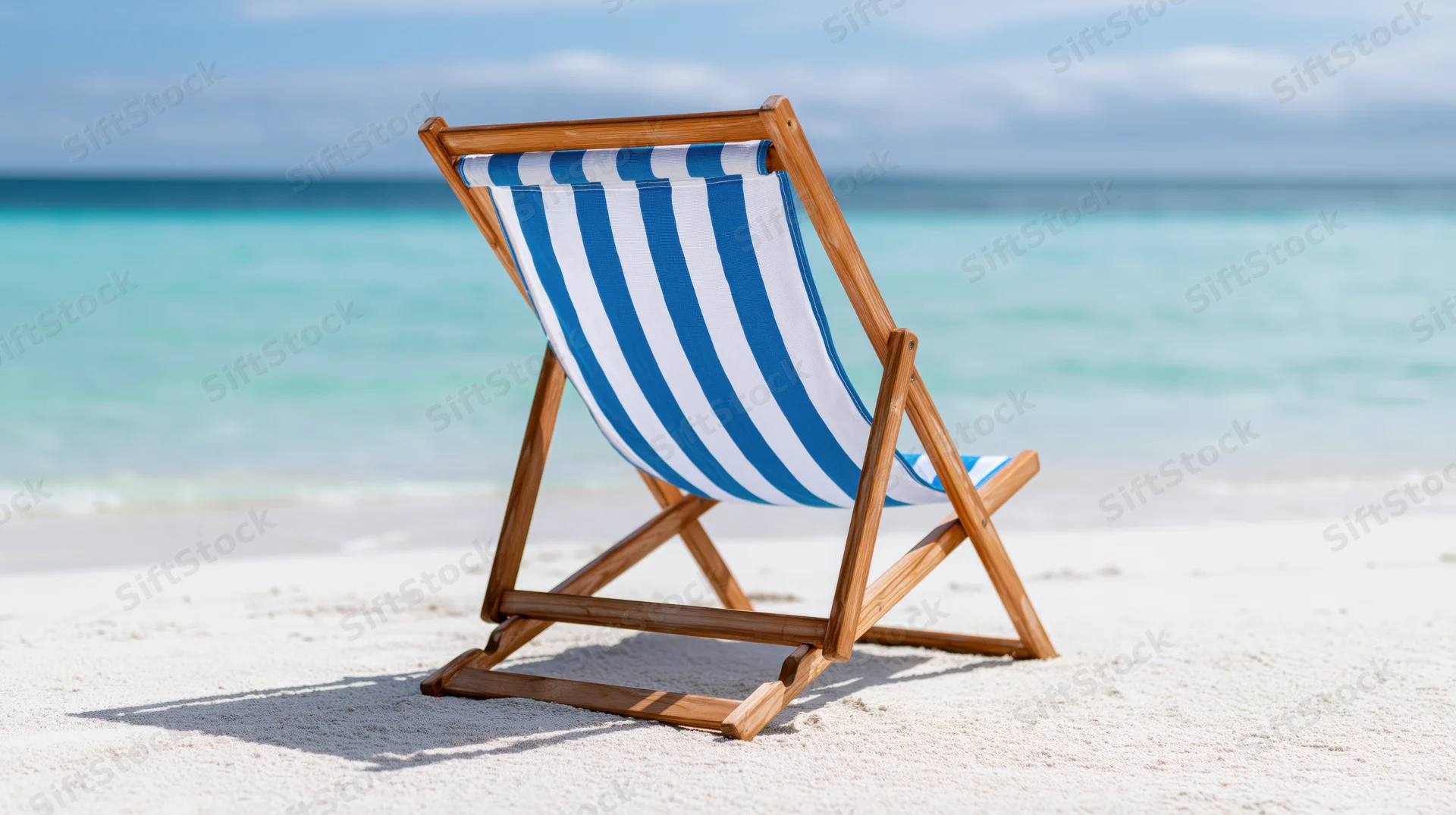 Blue and white striped wooden folding beach chair on sandy shore facing turquoise ocean