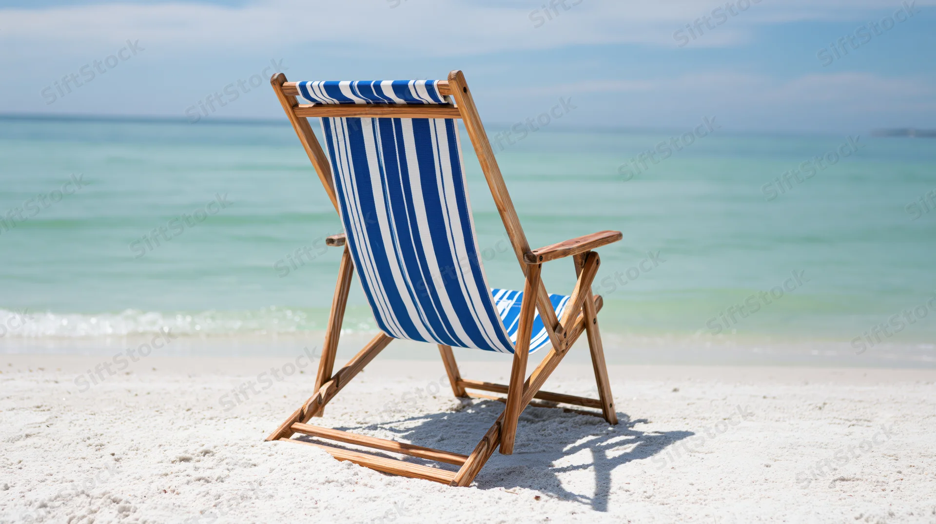 Blue and white striped wooden folding beach chair on sandy shore facing ocean