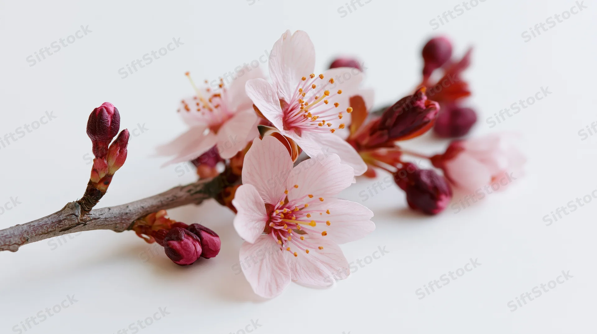 Cherry blossom branch with open pink flowers and buds on white background