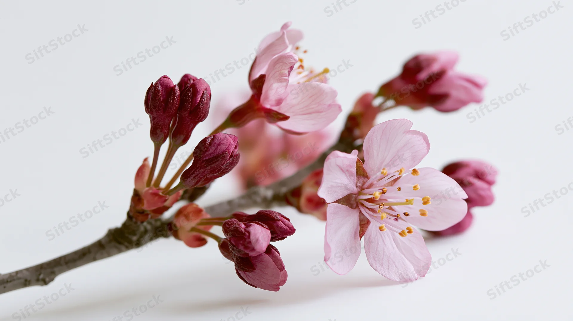 Cherry blossom branch with open pink flowers and buds on white background