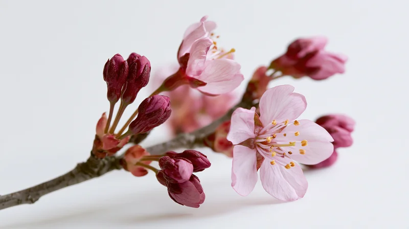 Cherry blossom branch with open pink flowers and buds on white background