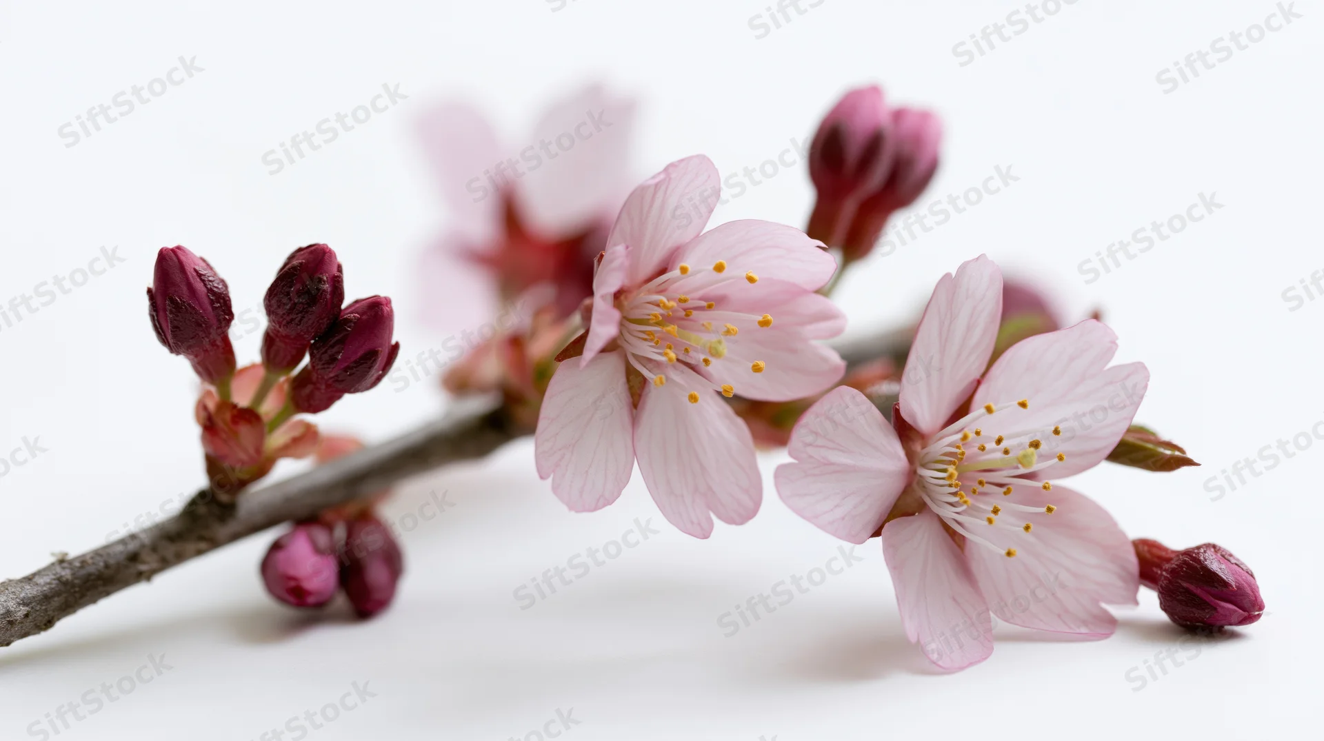 Cherry blossom branch with open pink flowers and buds on white background