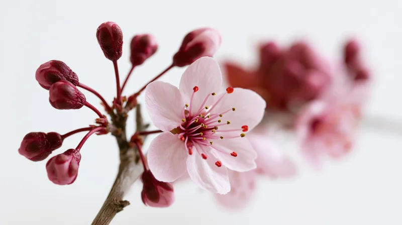 Cherry blossom branch with open pink flowers and buds against white background