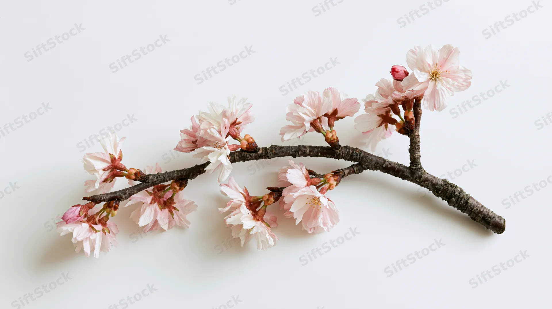 Cherry blossom branch with soft pink and white blooms on white background
