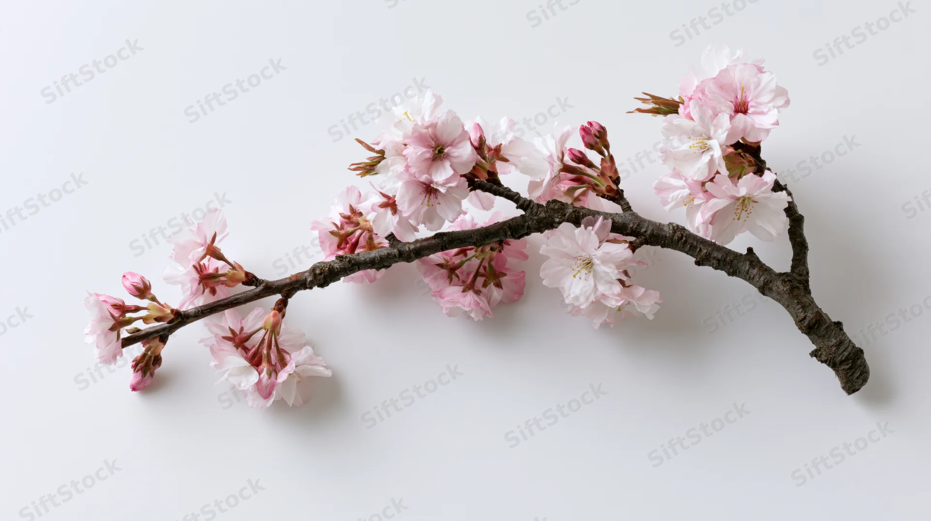 Cherry blossom branch with pink and white blooms on white background