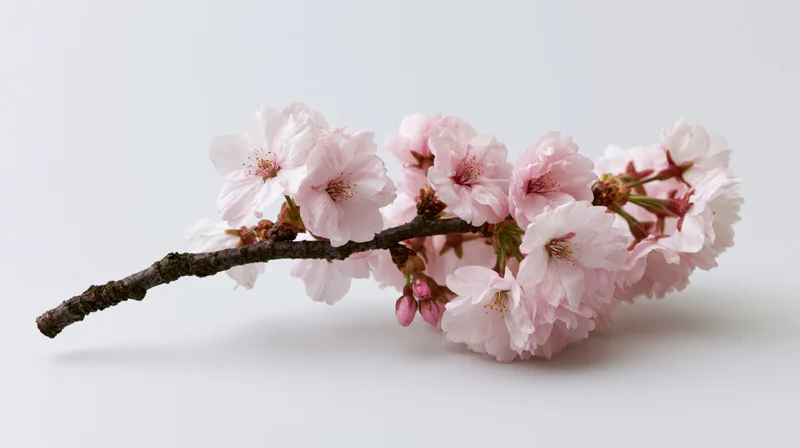 Cherry blossom branch with soft pink and white blooms isolated on white background