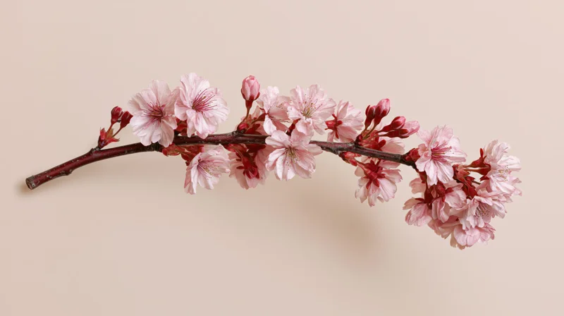 Cherry blossom branch with soft pink flowers and buds on a plain beige background