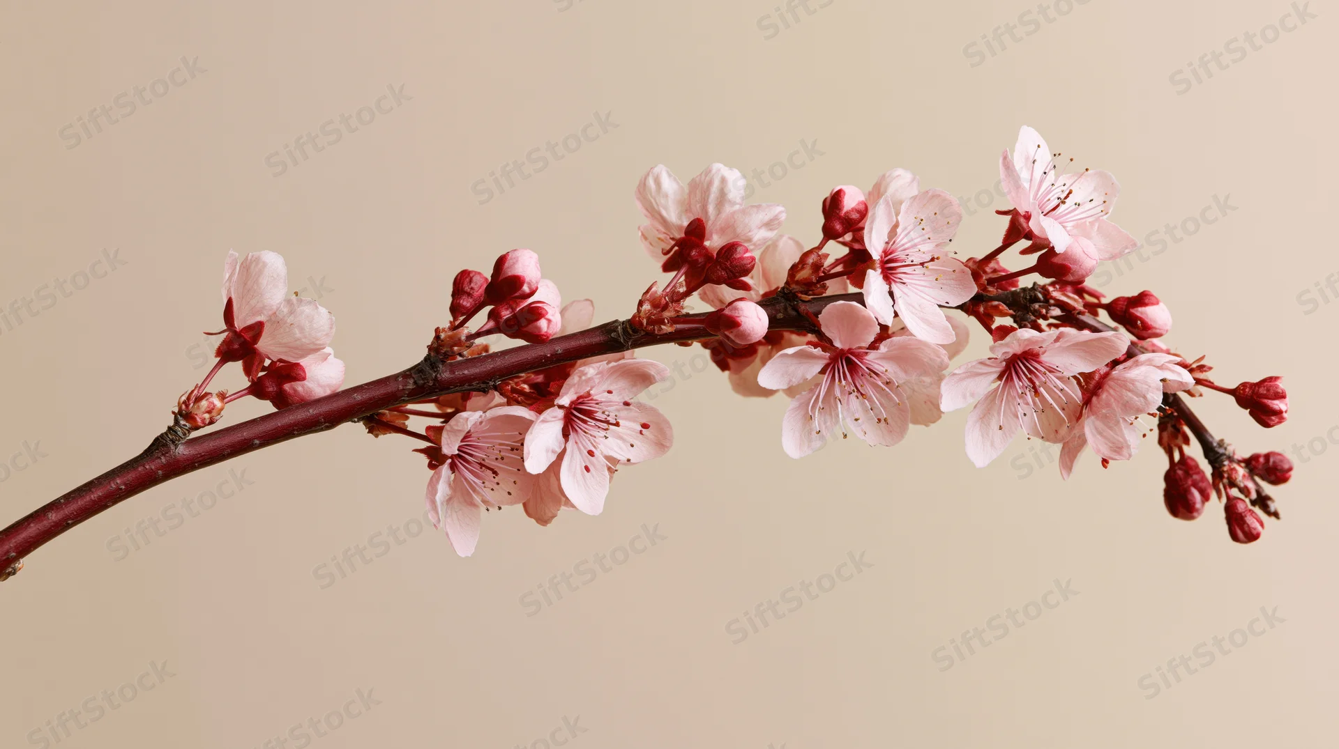 Cherry blossom branch with soft pink flowers and buds against a beige background
